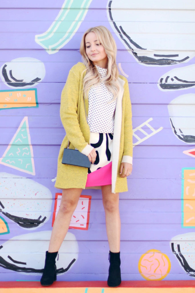 Fashion blogger Modaprints styling a yellow cardigan for fall in Denver