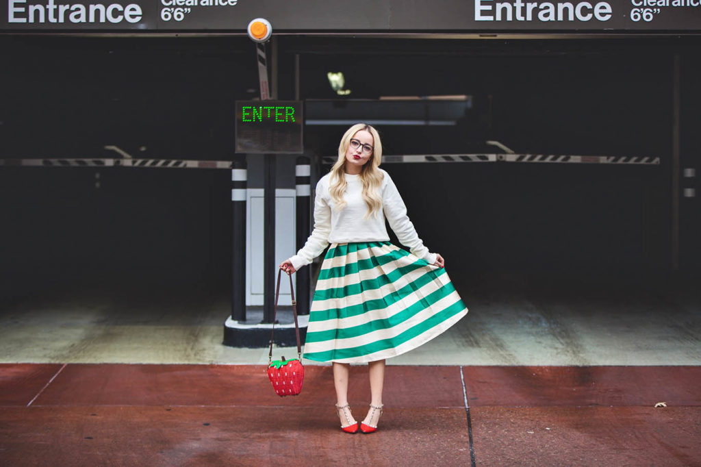 Alena Gidenko of modaprints.com styles a flare striped skirt for the Holidays