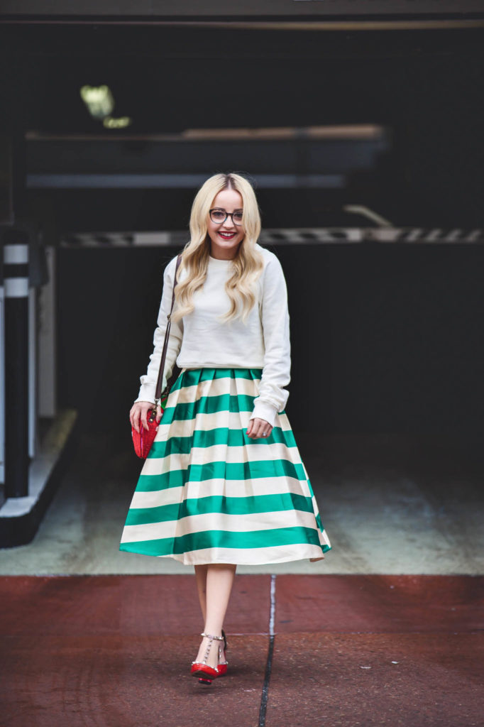 Alena Gidenko of modaprints.com styles a flare striped skirt for the Holidays