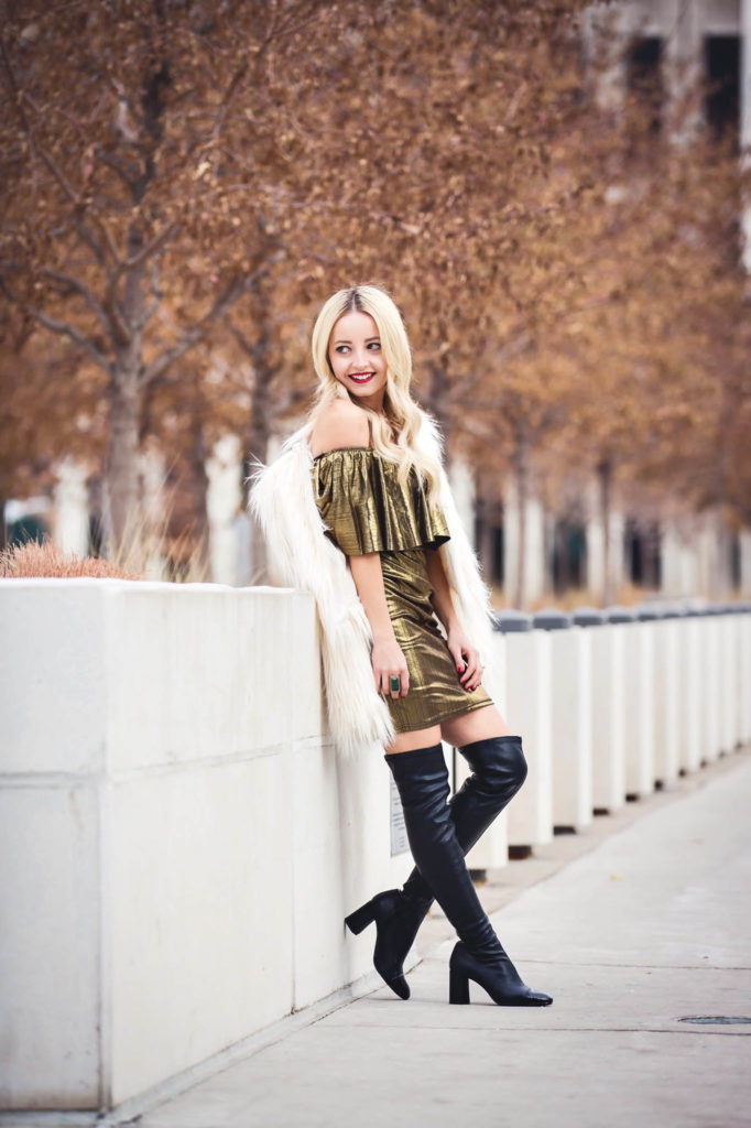 Alena Gidenko of modaprints.com styling a gold metallic dress for the holidays