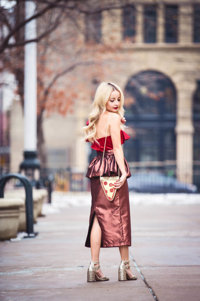 Alena Gidenko of modaprints.com styling a ruffled top and skirt with sparkle heels for the holidays 