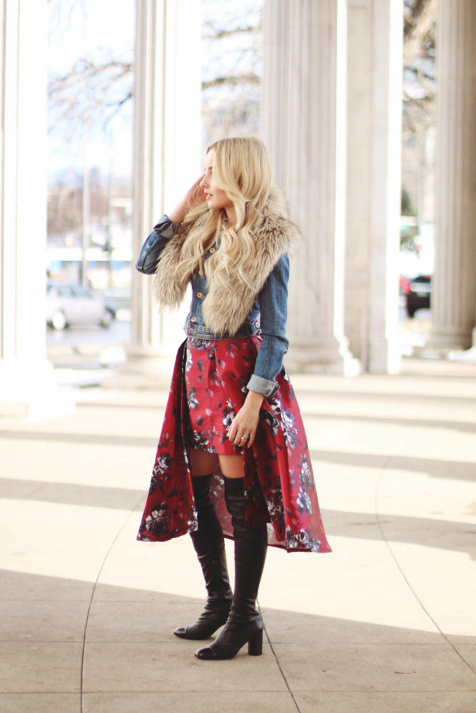 Alena Gidenko of modaprints.com styling a denim jacket with a skirt