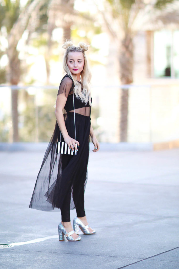 Alena Gidenko of modaprints.com styles a black tulle sheer dress 