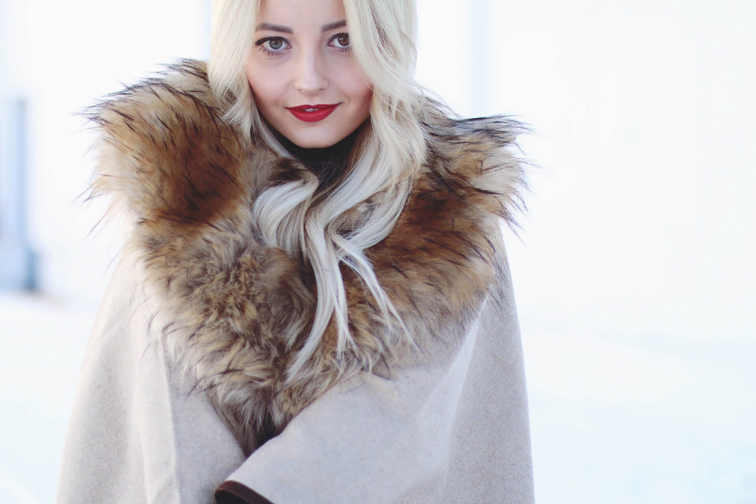 Alena Gidenko of modaprints.com sharing tips on how to wear a faux fur poncho