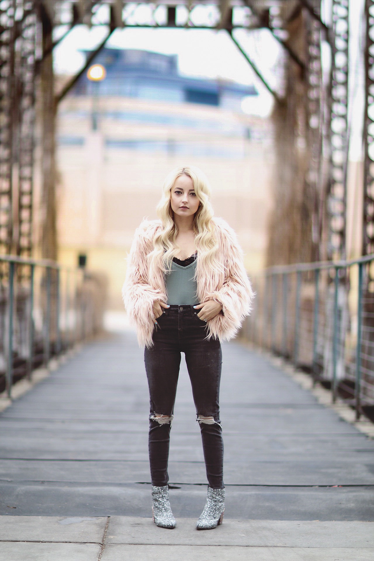 Alena Gidenko of modaprints.com styles a pink faux fur jacket