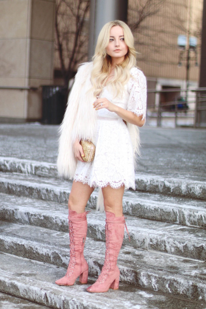 Alena Gidenko of modaprints.com styles a white lace romper for a Valentines dinner