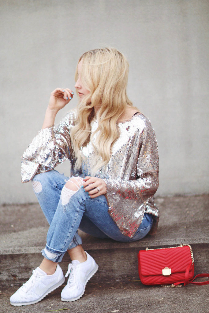 Alena Gidenko of modaprints.com is sharing tips on how to wear a sequin top dressed down 