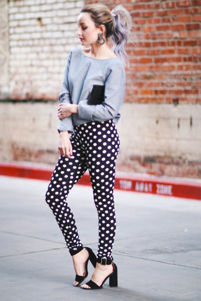 Alena Gidenko of modaprints.com styles polka dot leggings with and open back bow top