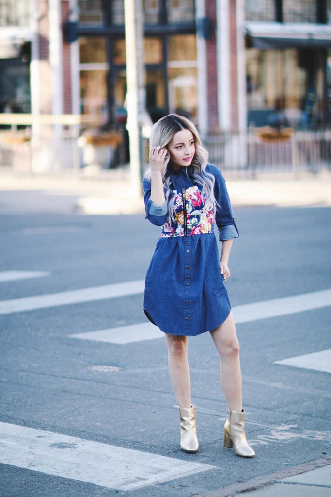 Alena Gidenko of modaprints.com shares tips on layering a denim dress with a floral bustier
