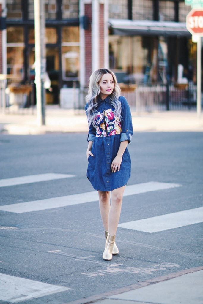 Alena Gidenko of modaprints.com shares tips on layering a denim dress with a floral bustier