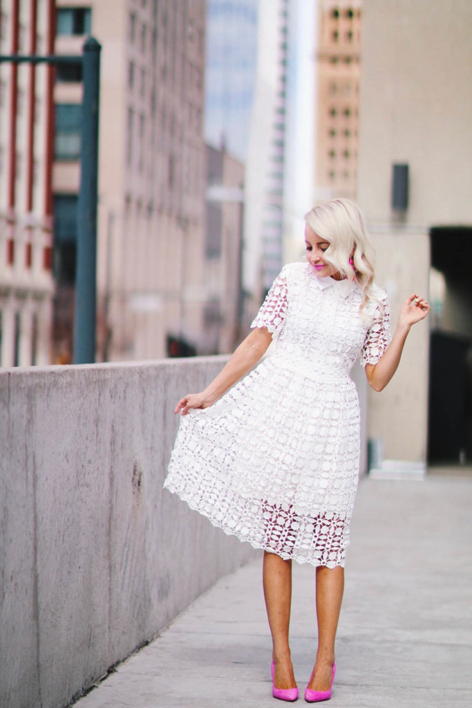 Alena Gidenko of modaprints.com styles a white lace collard dress with pink pointy heels for Spring