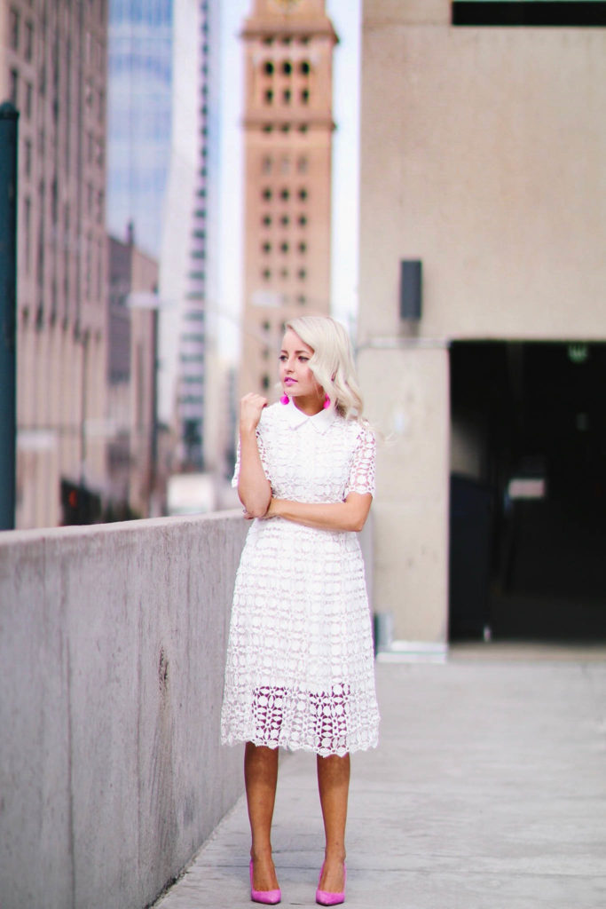 Alena Gidenko of modaprints.com styles a white lace collard dress with pink pointy heels for Spring
