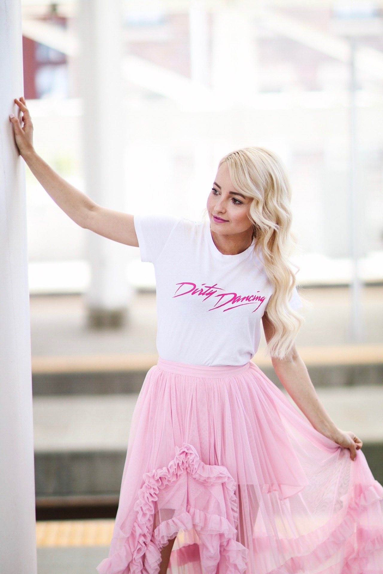 Alena Gidenko of modaprints.com styles a pink tulle skirt from ASOS and for the top a simple dirty dancing tee