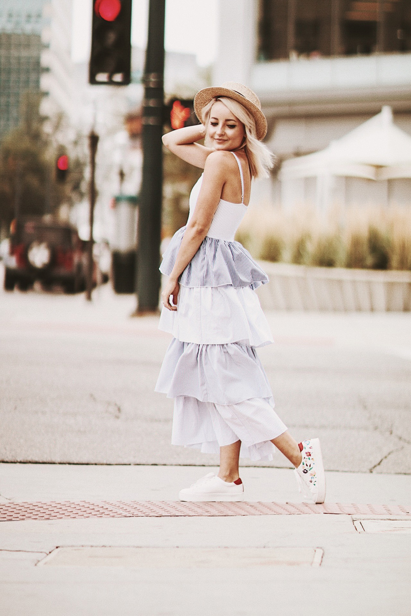 Alena Gidenko of modaprints.com styles a ruffle maxi dress from sheen and shares how to style it with tennis shoes